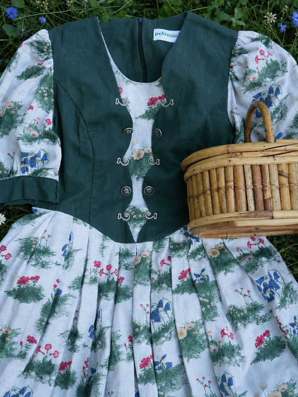 Vintage Green Floral Dirndl Maxi Dress, Cottagecore, Oktoberfest, Folk, Boho